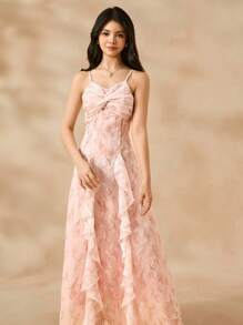 SHEIN 女童碎花吊带长裙、公主生日派对礼服、钢琴演奏舞台裙、不对称下摆连衣裙