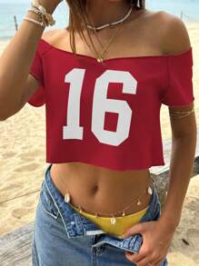 Jouncy Women's Off-Shoulder Summer Fashion Cropped Printed T-Shirt - Red - View 3