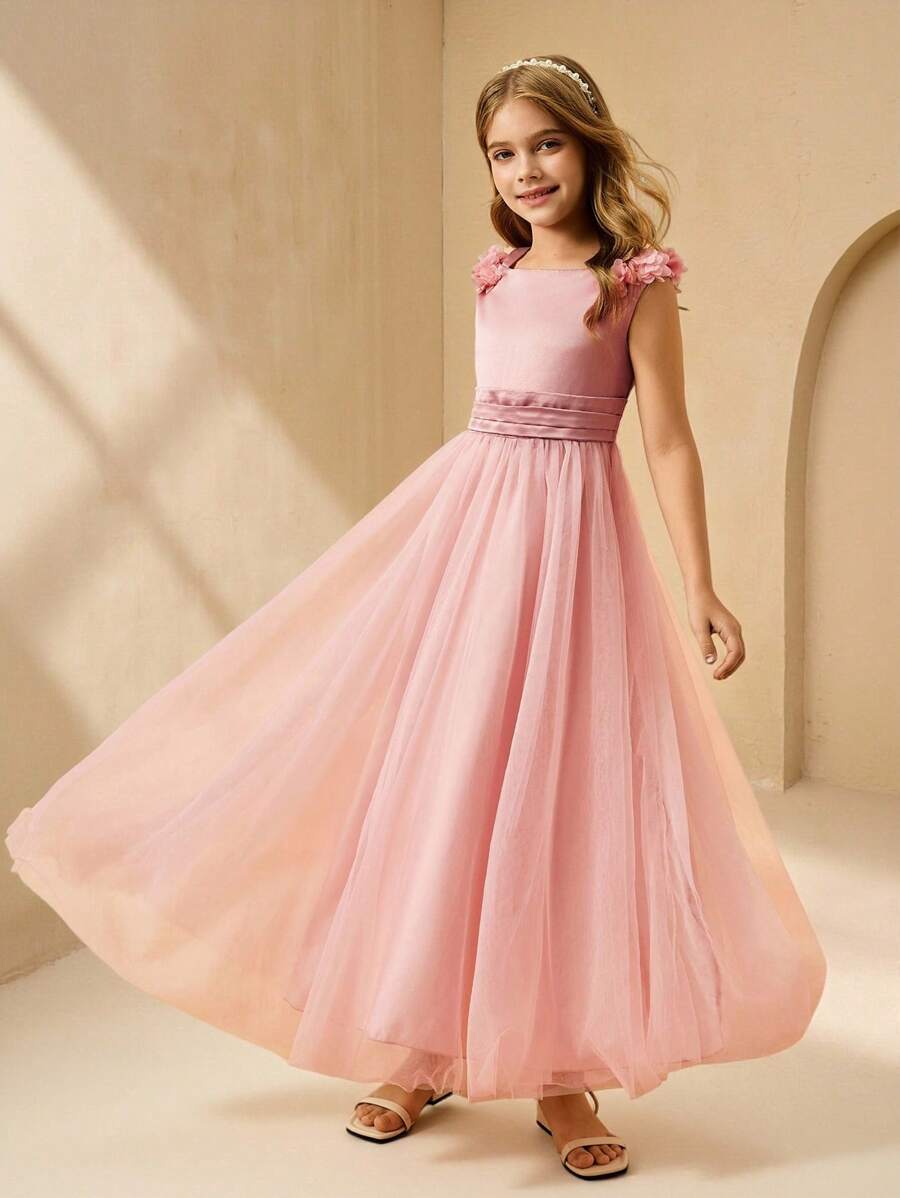 SHEIN 少女缎面和网眼花卉贴花吊带连衣裙，婚礼花童，生日派对，鸡尾酒会 - 粉色 - 查看 1