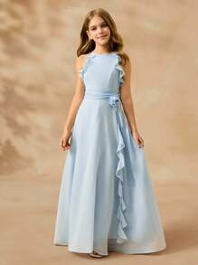 女童优雅纯色3D花卉荷叶边挂脖派对连衣裙 - 淺色水洗藍 - 查看 5