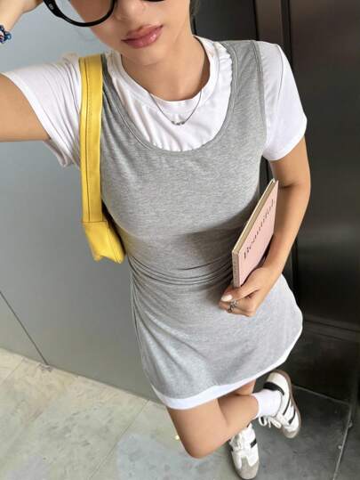 SHEIN Teen Girls' Casual Simple Comfortable Patchwork Contrast Color Round Neck Short Sleeve Snug Fit Dress