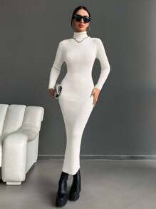 EURMUSE Turtleneck Ribbed Knit Sweater Dress Without Belt - White - View 5