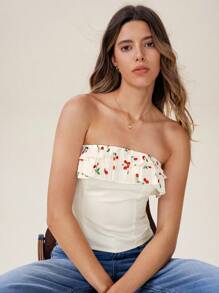 Chiquease Top corta casual y elegante de gasa con escote strapless, volantes en el bajo, lazo delantero y estampado de flores de cerezo para uso vacacional - Beis - Ver 7