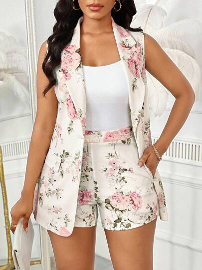 SHEIN Lady Two Pieces Suit Women's Thin Suit Jacket Suitable For All Seasons Business Casual Woman Coat Blazer Floral Print Suit Vest And Casual Elastic Waist Shorts Two Pieces Suit Women Two Pieces Sets Shorts Women 2 Pieces Summer Outfits Floral Two Pieces Shorts Set
