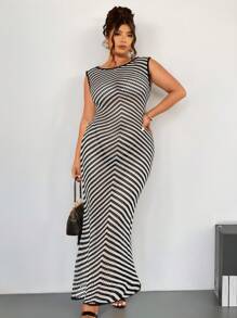 Elenzga 圆领撞色条纹修身宽松针织长裙，加大码女式无袖毛衣裙，适合夏季、度假、派对、优雅、正式、晚礼服 - 黑色 - 查看 6