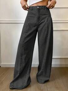 FRIFUL Women's Casual Washed High-Waisted Wide-Leg Jeans Wide Leg Jeans Baggy Jeans Loose Jeans Flare Leg Jeans Gray Jeans - Black - View 5