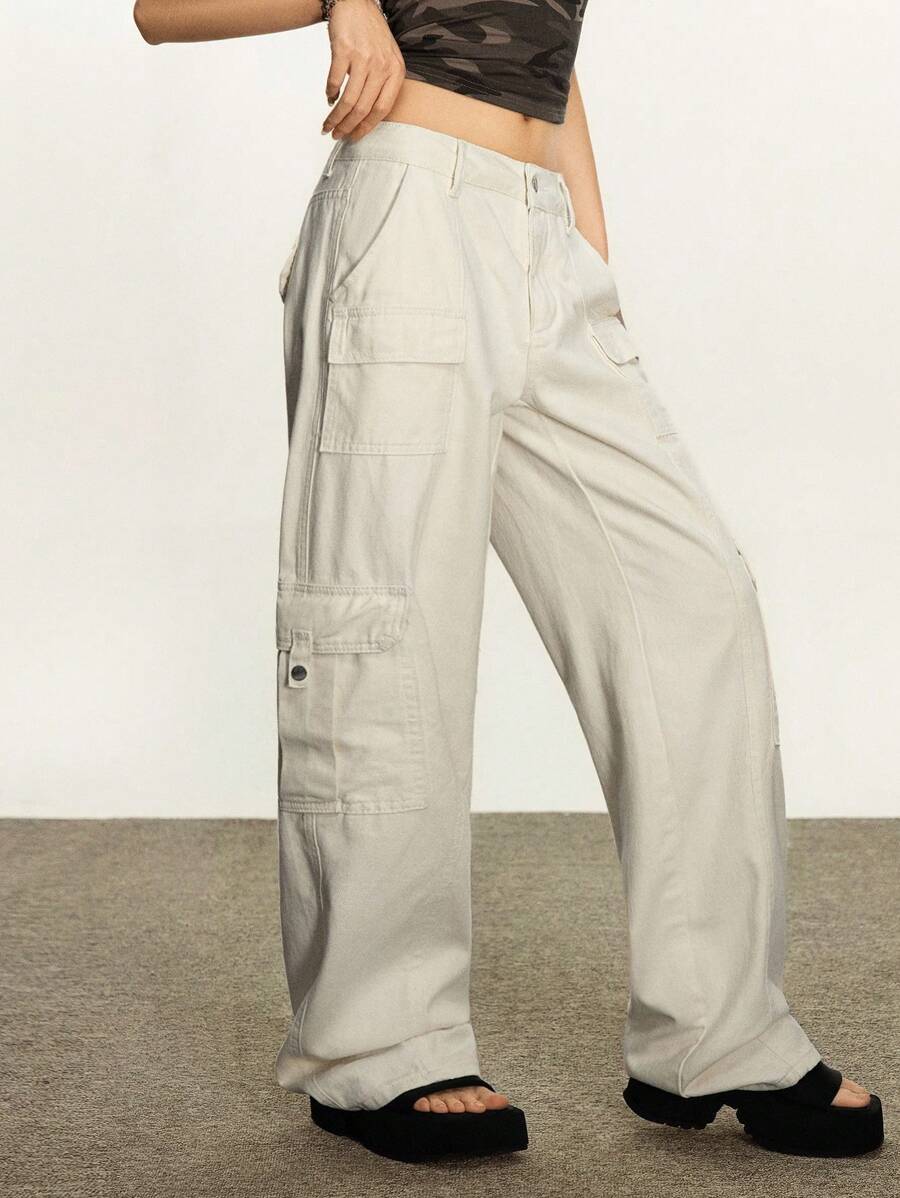 Rina Fox Jeans cargo casuales de ajuste ceñido con bolsillos parche de unicolor - Albaricoque - Ver 1