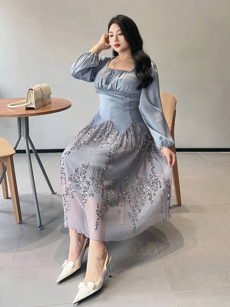 Dazy Plus Plus Size Solid Color Patchwork Sequin Mesh Long Sleeve Party Dress, Spring/Autumn Luxury Prom Dress Elegant Women Dresses Sparkly Dress Maxi Dress