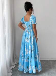 Elenzga 全新女式方领花卉印花泡泡袖 A 字型度假休闲日常百搭优雅女士连衣裙 - 藍色 - 查看 2