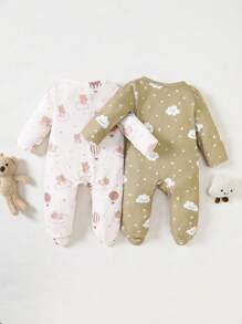 2 件套新生儿柔软印花云朵和熊长袖连脚连体衣睡衣，适合夏季家居服 - 彩色 - 查看 2