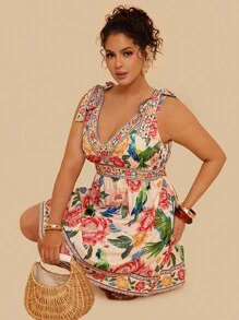 Travachic Plus Size Women's Summer Casual Vacation Shoulder Tie Bow Tropical Print Mini Dress