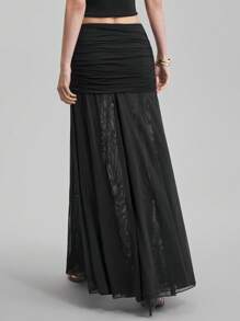 Ontre 2026 Spring/Summer New Elegant Wrinkle-Resistant Chiffon & Knit Fabric Patchwork A-Line Skirt, Daily Wear, Deep Brown - Black - View 4