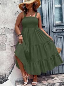 Breezaya 加大码纯色A字型吊带长裙女装 - 軍綠色 - 查看 7