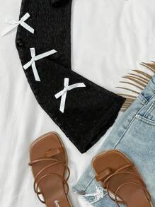 SHEIN Teen Girls Faux Fur Black Bow Decor Cropped Cutout Textured Sweater Top - Black - View 3