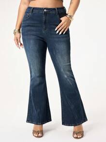 ROMWE Grunge Punk Vintage-Washed Floral Embroidery Bell-Bottom Plus Size Jeans, Casual Retro Boho Style - Blue - View 5
