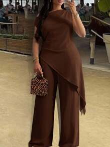 Slaydiva Bộ đồ đi nghỉ mát thường ngày mới, phù hợp cho mùa xuân và hè, màu mơ, đa năng, thích hợp cho tiệc sinh nhật, hẹn hò, hàng ngày, tối giản, gợi cảm, phong cách đường phố, áo thun dài tay màu trơn, vạt bất đối xứng - Bộ đồ đi nghỉ mát và dã ngoại thường ngày màu nâu, cỡ lớn, bộ hai mảnh thanh lịch, kín đáo dành cho nữ, trang phục giáo viên cho nữ. - màu nâu - Xem 2