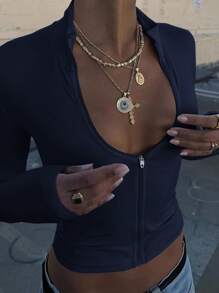 Slaydiva 1 件女式弹力修身拉链 V 领长袖休闲外套，基本款秋冬外套 - 藏蓝色 - 查看 5