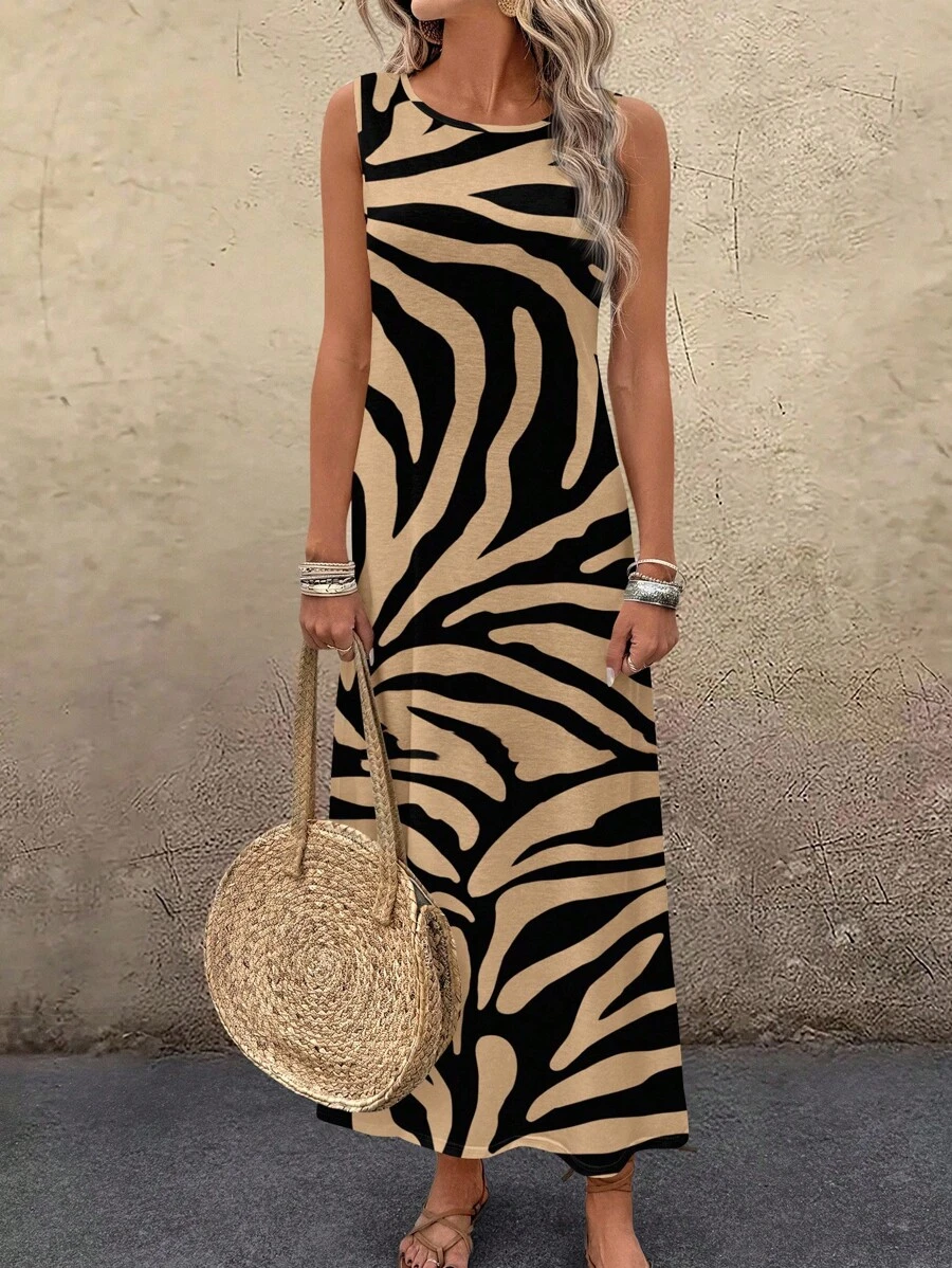EMERY ROSE Gaun Musim Panas Wanita Motif Asimetris Kasual, Cocok untuk Liburan, Gaun Motif Zebra, Cocok untuk Jalan-jalan, Gaun Chic, Kasual - MultiWarna - View 1