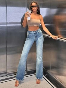 EURMUSE WOMEN FLARE MID WAIST VINTAGE WASHING JEANS - Medium Wash - View 5