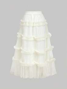 SHEIN MOD 女士纯色多层荷叶边网纱半身裙，仙女风，优雅纯色多层荷叶边蛋糕裙，女士半身裙，白色半身裙，飘逸半身裙，优雅派对半身裙 - 杏色 - 查看 3