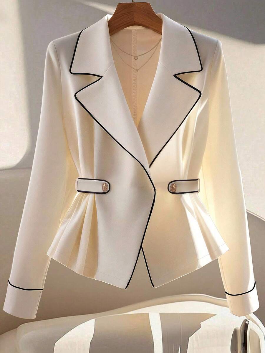 GlowEve Áo khoác blazer nữ màu mơ viền tương phản thanh lịch & thời trang, thích hợp để đi làm, áo khoác dài tay màu trơn đa năng, đầu thu - Màu be - Xem 1