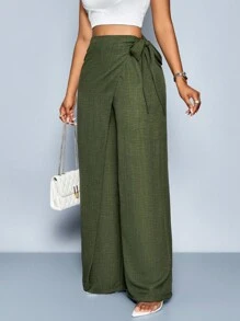 SOLERSUN 女式仿亚麻高腰亚麻混纺侧系带阔腿裤 - 軍綠色 - 查看 6