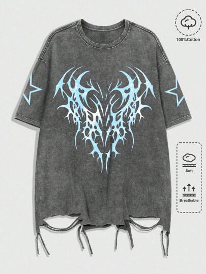 Anime قميص تي شيرت رجالي غير رسمي بطبعة نجمة باللون المتدرج موضة الشارع الصيفية، بياقة مستديرة وأكمام قصيرة متساقطة وتفاصيل غسل