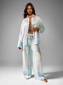 MISSGUIDED Summer Beach Pajama Set Two Piece Pastel Coral Print Loungewear Wide Leg Pants Button Down Shirt Resort Wear Vacation Beachwear - Multicolor - View 4