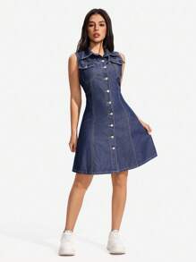 SHEIN PETITE 女式夏季休闲纽扣前褶腰无袖牛仔连衣裙 - 藍色 - 查看 7