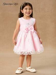 SHEIN Glamorique Kids Đứa bé gái Thanh lịch & Thêu Hoa Nơ Đồ trang trí Váy công chúa Cho bữa tiệc & Yến tiệc - Hồng - Xem 1