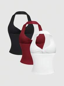 Sweetra Y2K Sexy Twist-Knot Halter Neck Minimalist Pleated Tank Top, Versatile - Multicolor - View 2