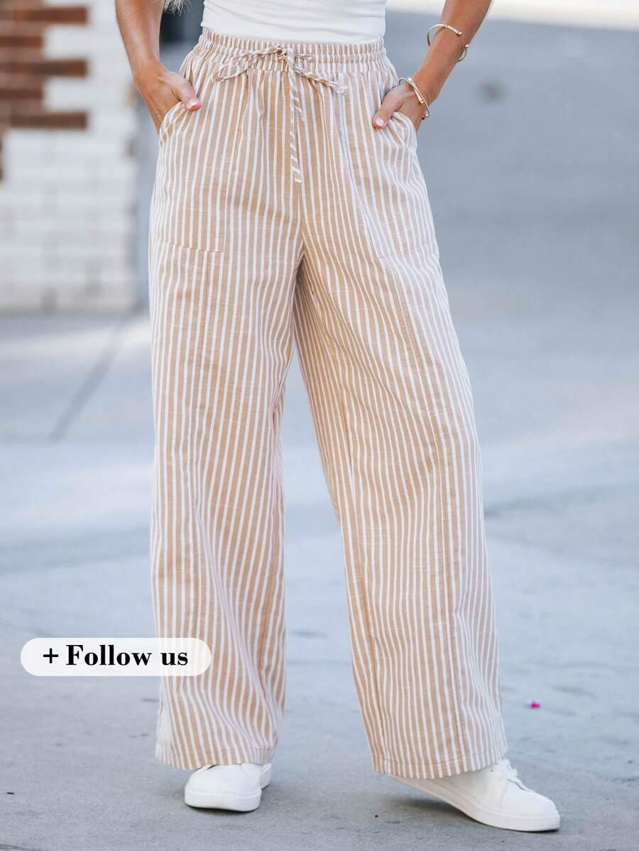 SHEIN LUNE 女式条纹双口袋直筒休闲裤 - 卡其色 - 查看 1