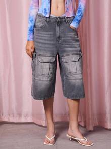 COUREZ 多口袋 Carho 牛仔短裤 / Y2K 夏季女装下装 低腰牛仔裤 棉质复古 - 深灰色 - 查看 2