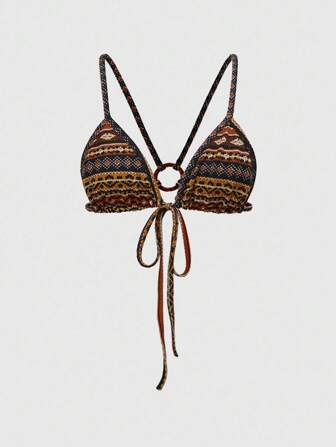 Hippie Retro Pattern Bandage Cutout Back Bikini, Plus Size, Suitable For Beach Holiday