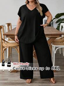 SHEIN CURVE+ Große Größen Einfarbiges Top mit V-Ausschnitt und kurzen Ärmeln und Hose mit weitem Bein, lässiges zweiteiliges Set, Große Größen Zweiteilige Outfits, Curve Große Größen Co Ords, Damenkleidung in Übergröße, Große Größen Sets für Damen, 6XL Plus Damenkleidung - Schwarz - Übersicht 11