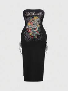 ROMWE Avant Vintage Dragon, Floral & Cloud Waves Print Plus Size Women Bodycon High Slit Lace-Up Bandeau Dress - Black - View 6
