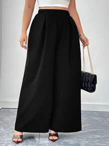 Elenzga Pantalones informales de pierna ancha y larga de color negro de talla grande con elástico en la espalda, aptos para primavera, verano y otoño