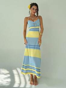 Aloruh Women's Summer Vacation Style Contrasting Striped Pattern Ripped Front Tie Knot Fitted Dress - Multicolor - View 7