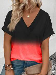 EMERY ROSE 大码女式时尚渐变印花彩色休闲V领宽松短袖T恤 - 彩色 - 查看 1