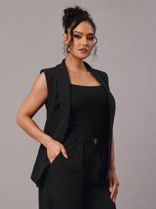 Silquee Chaleco sin mangas de oficina o para ir al trabajo, de unicolor simple, con cuello redondo y cinturón para mujer - Negro - Ver 8