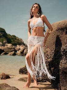 Lumivelle 1Set Women Halter Tie Bikini Top And Crochet Mini Skirt Beach Dress For Summer Beach Vacation - White - View 1