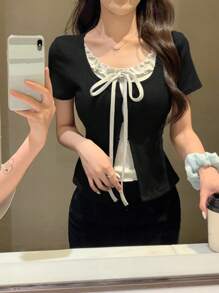 DAZY 女式夏季二合一荷叶边蝴蝶结袖T恤 - 黑色 - 查看 5