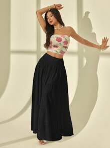 SHEIN PETITE Women's Solid Color Shirred Waist Ruffle Hem Casual Skirt For Vacation - Black - View 1