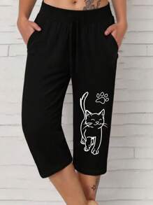 SHEIN LUNE 大码女式休闲猫爪印花松紧腰侧袋七分裤