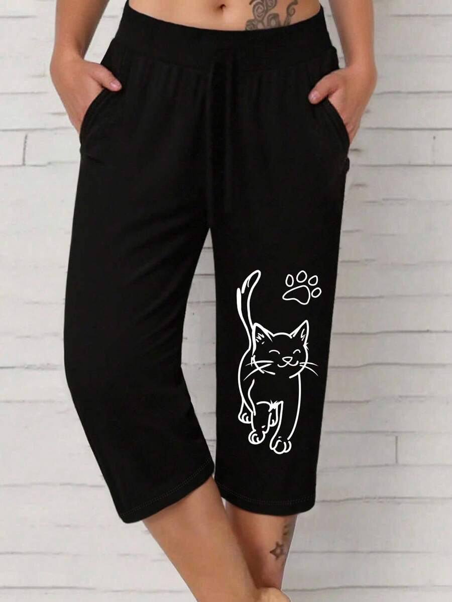 SHEIN LUNE 大码女式休闲猫爪印花松紧腰侧袋七分裤