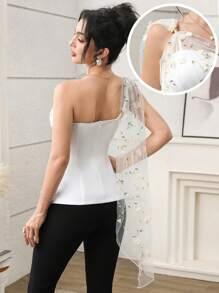 Modelyn Women's Summer Elegant Flower Embroidery Mesh Patchwork Blouse