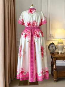 Rometta Đầm đi nghỉ tay bồng cổ đứng in hoa cỡ lớn cho nữ - Hồng - Xem 2