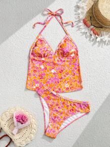 Swim Mod 全新性感微花拼接白色花朵精制背心和比基尼套装，修身，非常适合水疗度假，2 件女士泳装 - 彩色 - 查看 4