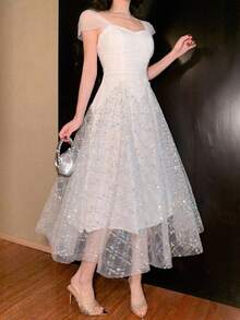DAZY 无袖亮片拼接长裙，女士奢华舞会礼服，优雅女士连衣裙，闪亮吊带裙 - 白色 - 查看 1