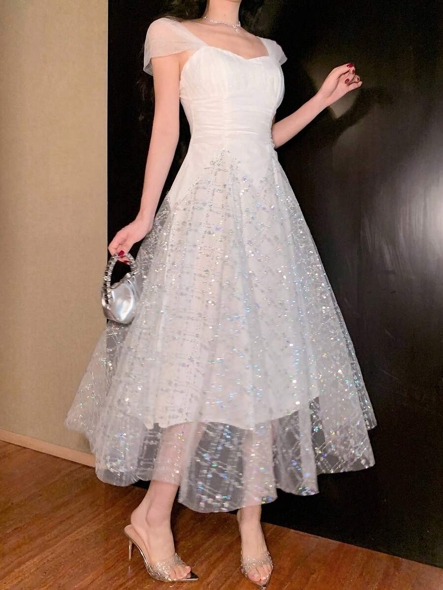 DAZY 无袖亮片拼接长裙，女士奢华舞会礼服，优雅女士连衣裙，闪亮吊带裙 - 白色 - 查看 1